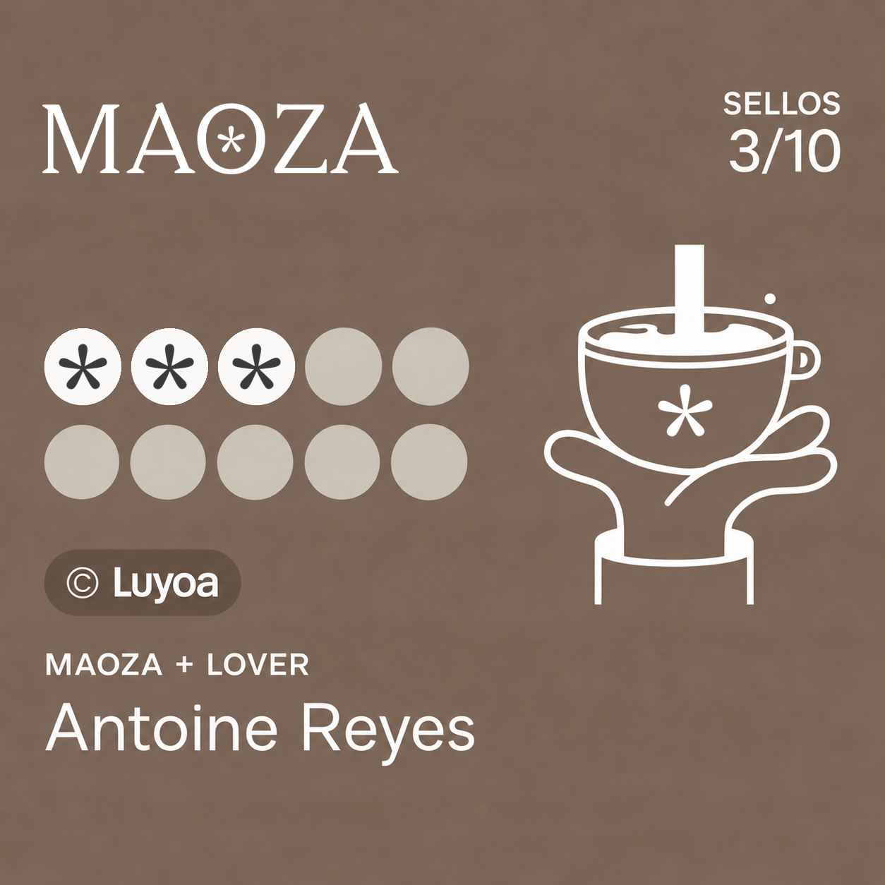 Tarjeta digital de Maoza Rewards con tres de diez sellos